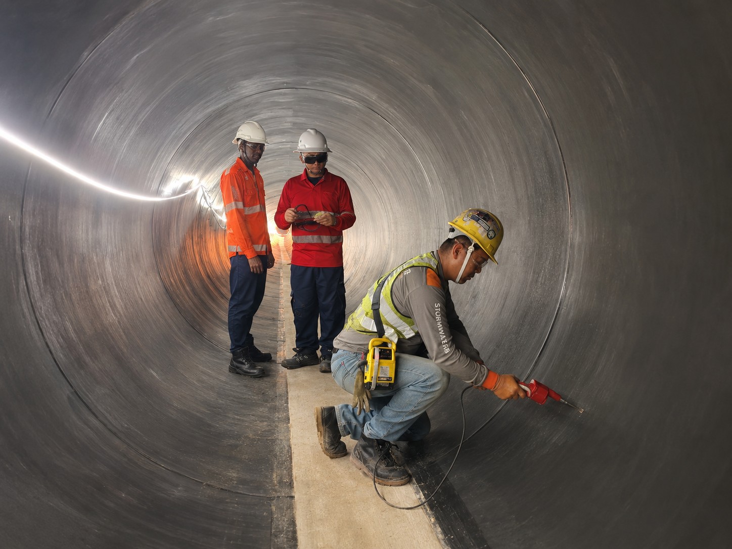 Technicians performing weld integrity testing
